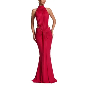 Elegant red halter neck ruched maxi evening gown with side cut-outs