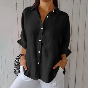 Lässiges schwarzes Baumwoll-Leinen-Hemd mit Knöpfen und Brusttasche für Damen