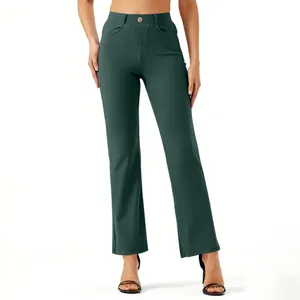 Front view of dark green straight-leg yoga pants with high-waisted elastic band