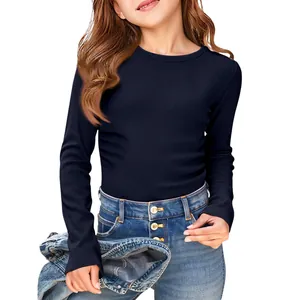 Close-up detail of girls navy blue ribbed long sleeve slim fit crew neck T-shirt