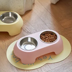Pink non-slip double stainless steel pet bowl for food and water for cats and dogs