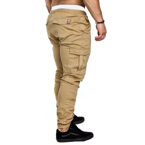Rear and side view of men's khaki multi-pocket cargo pants with elastic joggers cuffs