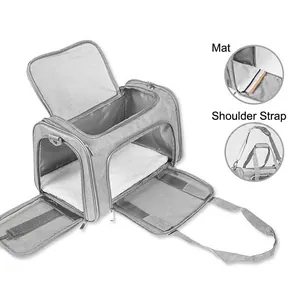 Foldable breathable gray pet carrier bag for cats and dogs with soft mat and strap