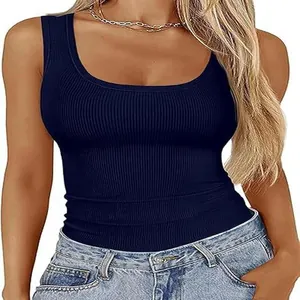 Frauen marineblaues Ripp-Tanktop, ärmellos und schmal geschnitten mit Karree-Ausschnitt