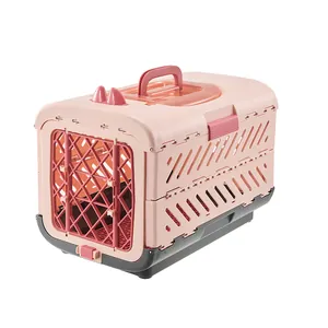 Portable foldable pet carrier aviation box for cats and small dogs in pink and grey