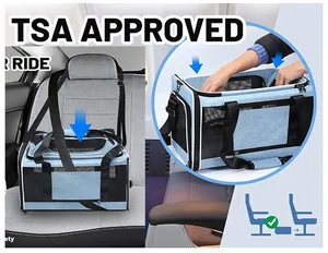 TSA approved breathable Oxford cloth pet carrier showing usage in car and aircraft cabin.