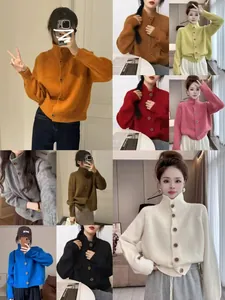 Collage detallado que muestra cárdigans de punto con cuello alto para mujer en varios colores.