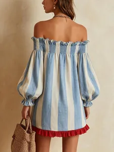 Back view of a striped off-the-shoulder dress with puff sleeves and red ruffle hem