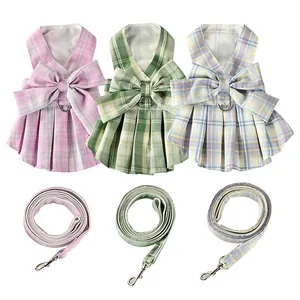 Pet JK Plaid Skirt Leash Set Polyester Breathable Puppy Dress For Small Dogs Cats School Style Dog Harness Vest Clothing