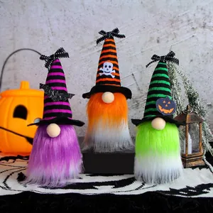 3-pack Halloween gnome plushies with striped wizard hats and festive ornaments.