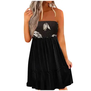 Elegant black strapless dress with leaf print bodice and smocked details for women.