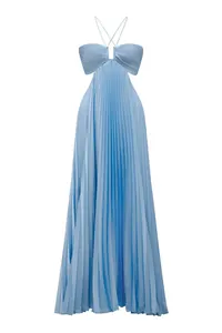 Close-up of light blue pleated maxi dress with halter neck and cutout waist details.