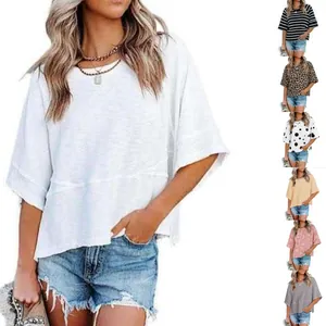 Women Loose Polyester T-Shirt Round Neck Flare Sleeve Patchwork Top Casual Summer Tee Leopard Polka Dot Print Shirt