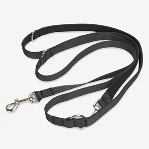 Multifunctional heavy duty black nylon dog leash with durable metal swivel snap hooks