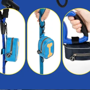 Durable pet waste bag dispenser pouch for dog leashes with bone pattern in blue fabric