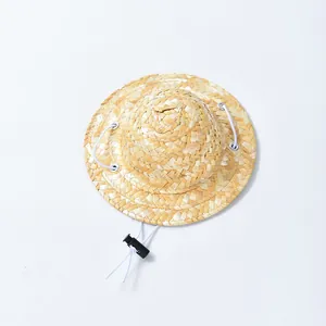 Cappello di paglia intrecciato a mano per cani e gatti con sottogola regolabile