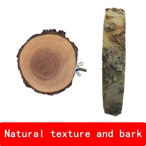 Detailed view of natural pine wood bird perch showing bark texture and mounting hardware.