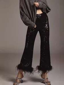 Elegant Polyester Sequin Flared Pants For Women Slim Low Waist Solid Color Spliced Feather Trim Evening Banquet Casual Trousers