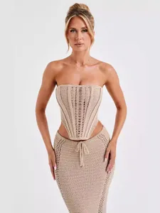 Conjunto De Top Y Falda Maxi Ajustada Para Mujer Sexy Espalda Al Aire De Punto Calado De Ganchillo Para Verano