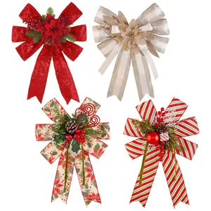 Set of 4 colorful festive Christmas bows for tree topper and gift box decoration