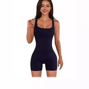 Slim fit navy blue square neck sleeveless yoga romper bodysuit for women's activewear.