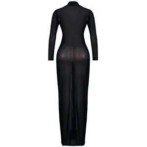 Detailed back view of a sexy black sheer mesh long sleeve bodycon maxi nightclub dress