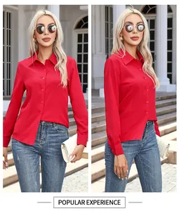 Elegant red long sleeve button-down shirt for women with classic turn-down collar