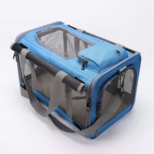 Premium blue breathable portable pet carrier with mesh windows and shoulder strap for travel