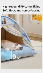 Detail of 9cm thick soft cushion in enclosed blue plush cat tent bed