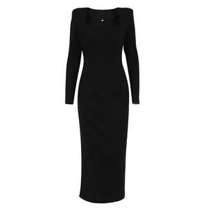 Elegant French style Audrey Hepburn inspired square neck long sleeve slim fit black maxi dress