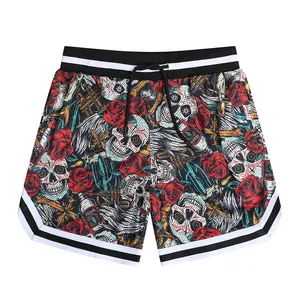 Close-up detail of men's breathable mesh sports shorts with vintage skull and rose pattern