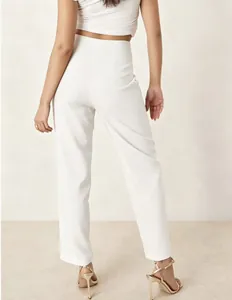Back view of elegant white high-waisted straight trousers for a professional look.