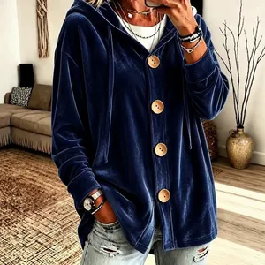 Cardigan à capuche en velours bleu marine pour femme avec grands boutons en bois