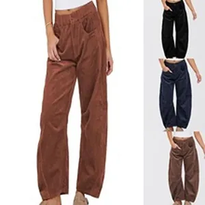 Detailed view of women's vintage corduroy wide-leg trousers in multiple color options