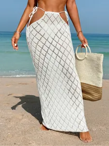 White crochet long skirt with side tie-waist and hollow diamond knit detail