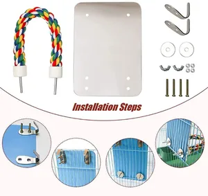 Detailed installation steps for acrylic bird mirror with colorful cotton rope perch set