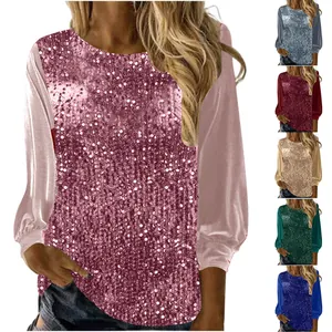 Damen locker geschnittenes Pailletten-Oberteil mit Satin-Puffärmeln, versch. Farben