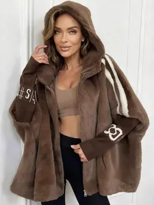 Autumn New Women Faux Fur Hooded Jacket Loose Patchwork Contrast Knitted Sleeve Zipper Top Casual Commuter Fashion Outwear