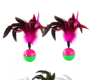 Detailed view of cat tumbler toy balls with vibrant pink and purple feathers.