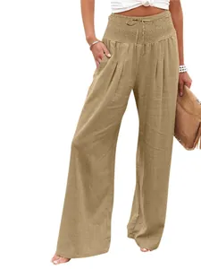 Fashionable women's high-waisted wide-leg casual pants in khaki with a loose fit