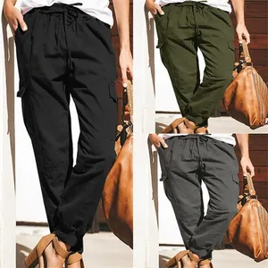 Women's casual solid color cargo pants in black, green and grey with drawstring waist