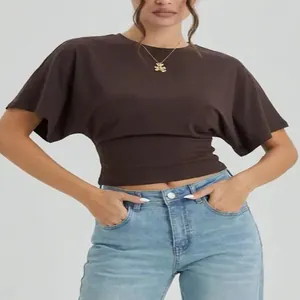 Minimalist dark brown short-sleeved crew neck crop top T-shirt with cinched waist for women