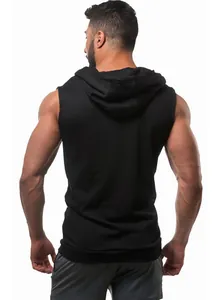 Rear view of a premium black men's sleeveless hooded workout vest for fitness and gym