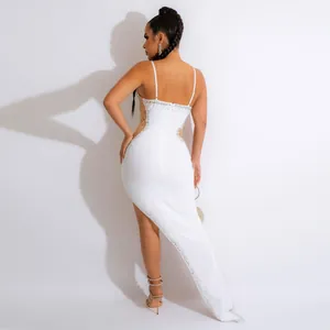 Elegant white slip evening dress with sexy side mesh and sparkling rhinestone accents