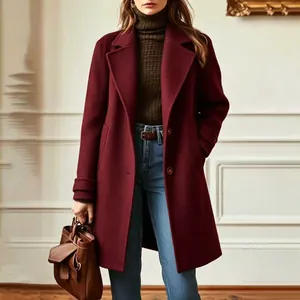 Stylish burgundy mid-length woolen coat with elegant lapel collar for women