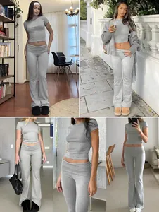 Collage showing various views of grey two-piece set with crop top and flared trousers