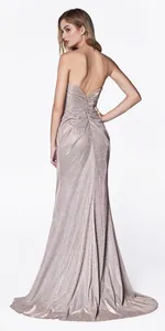 Back view of elegant shimmering rose gold long evening gown for formal banquet gala