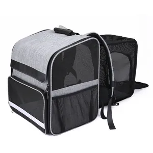 Detail view of an expandable gray pet carrier backpack with breathable mesh walls.