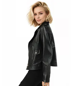 Close-up detail of a chic black faux leather biker jacket for women in autumn style