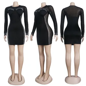 Rhinestone mesh bodycon long sleeve mini dress showcasing front side and back views
